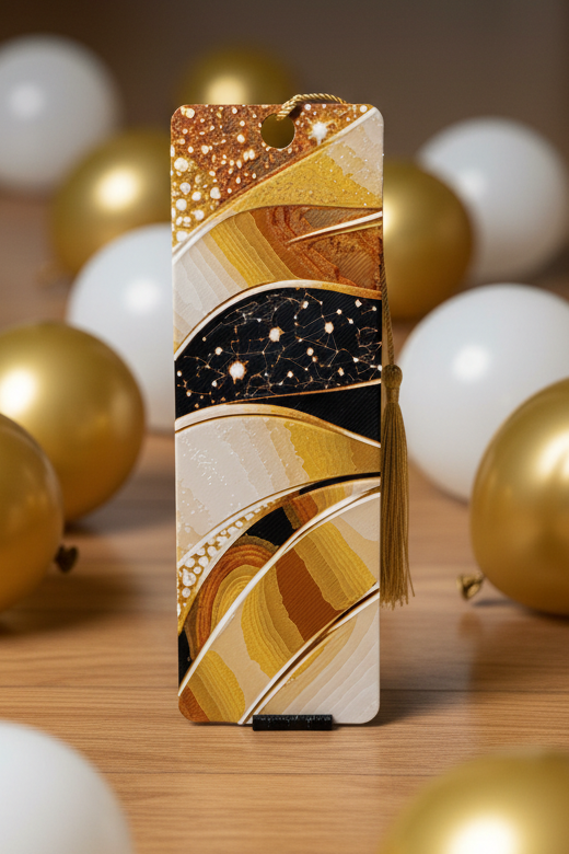 Gold and Black Bookmark with Gold and White Balloons